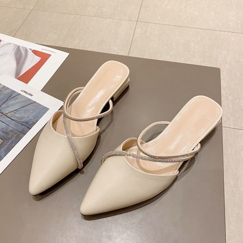 Baotou half slippers women's shoes 2026 summer new fashion thick heel rhinestone fairy sandals low heel pointed toe mule shoes