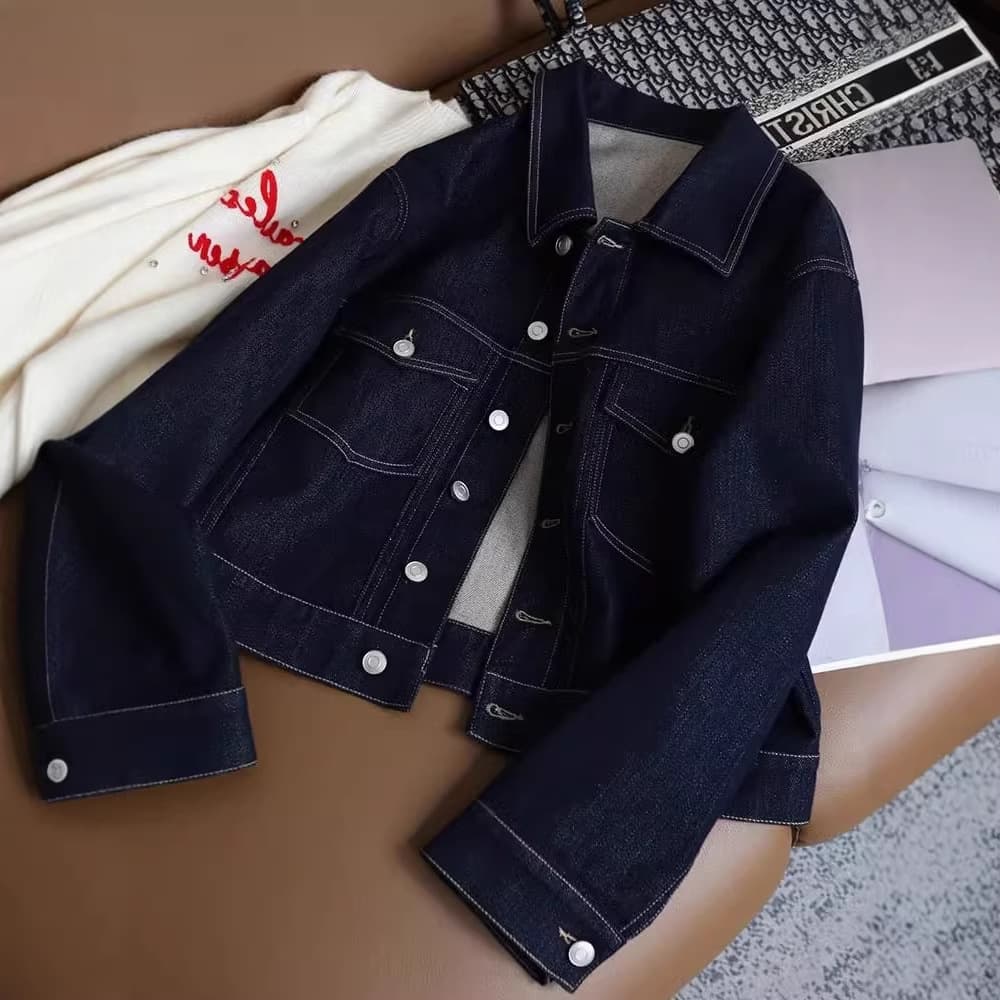 2026 Retro Loose Fit Dark Blue Cropped Top Ins Design Denim Jacket for Women Spring Autumn Casual Coat