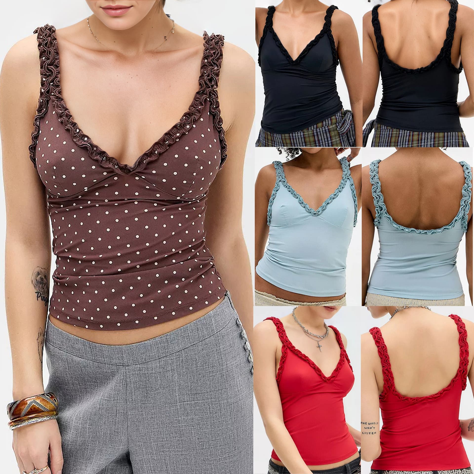 American Polka Dot Mesh Layering Top Women's Summer Ruffle Camisole Vest Fashionable Slimming Hot Girl Vacation Blouse