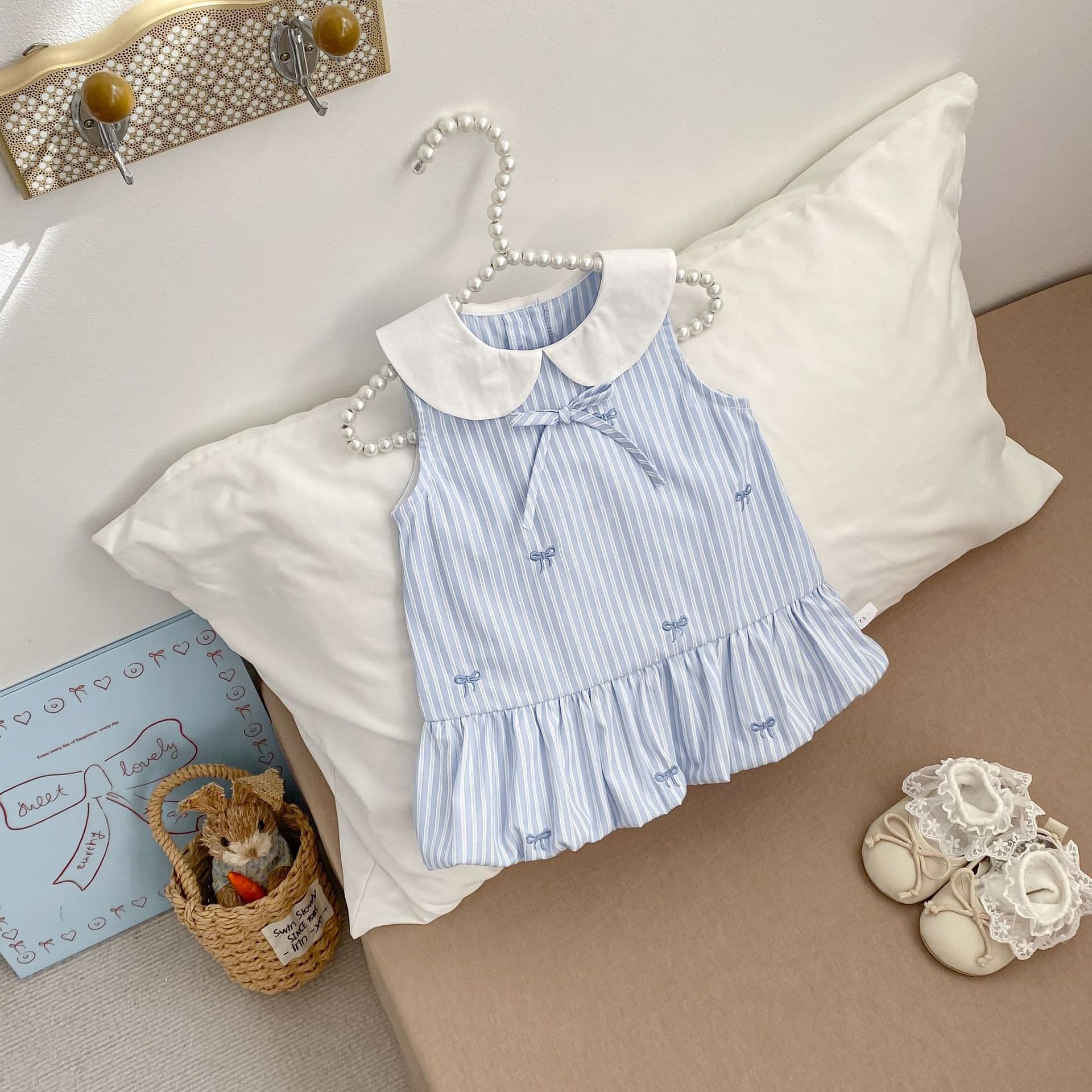 Summer Children's Dress for Toddlers and Young Girls, Peter Pan Collar, Sleeveless, Bowknot, A-Line, Sweet Birthday Dress