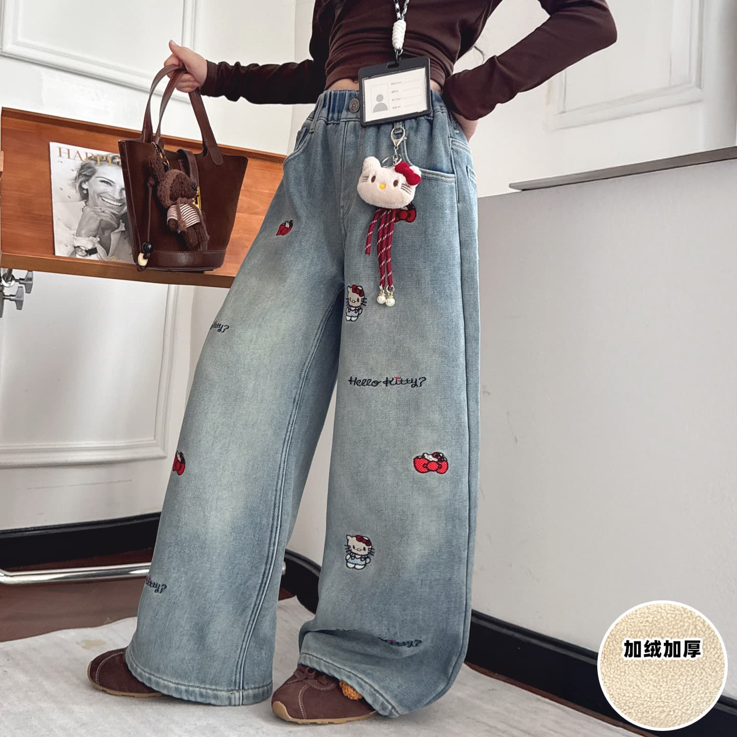 Girls' Straight Leg Jeans 2026 Spring New Arrival Loose Fashionable Cartoon Embroidery Wide Leg Long Pants Trendy