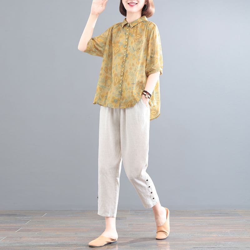 Women's cotton and linen shirt, summer style, plus size, short-sleeved, printed, retro Korean style, new style, flattering, Southeast Asian style, other styles.