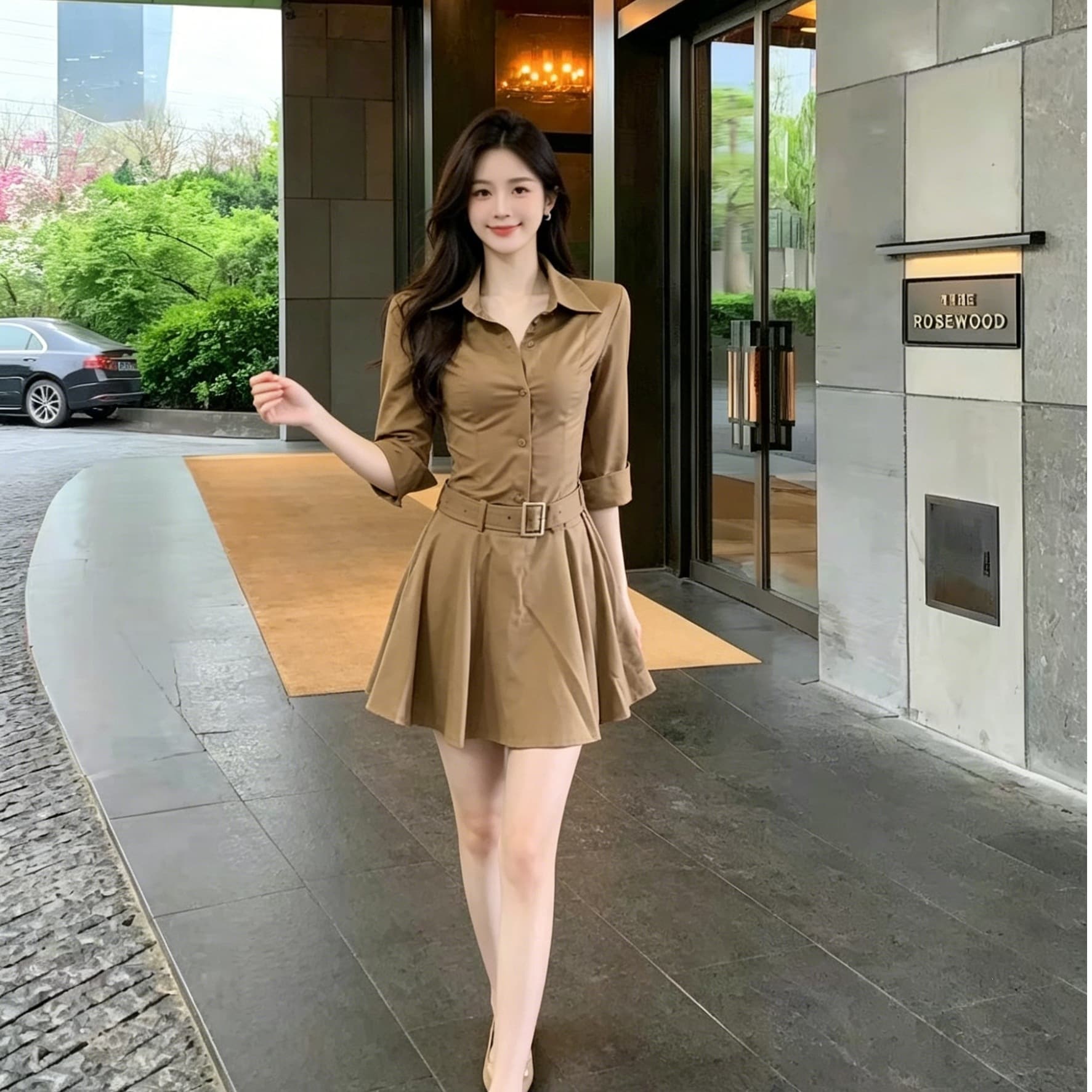 Khaki Shirt Dress Slim Fit with Waist Belt Pleated Short Skirt Elegant Office Date Slimming Dress