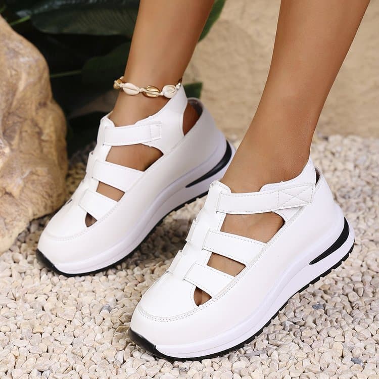 Foreign trade large size sandals new summer wedge heel lightweight Baotou hollow breathable women's platform thick bottom Velcro women's shoes