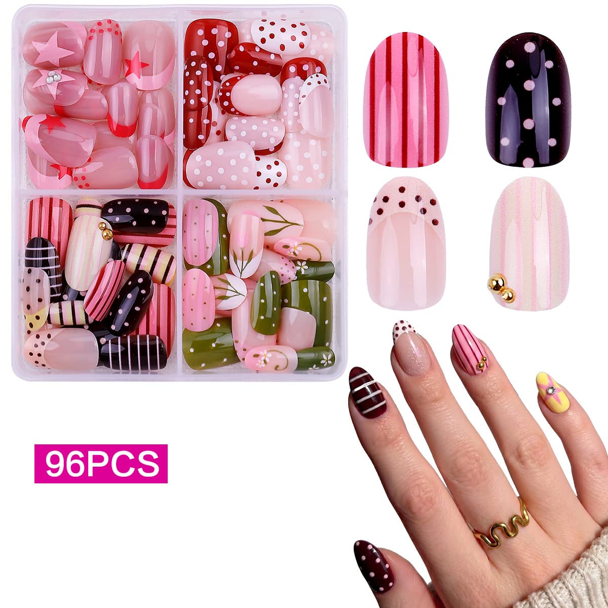 High-quality wearable nails, European and American style, 96 pieces, solid color polka dots, color matching stripes, French white edge polka dots fake nails wholesale
