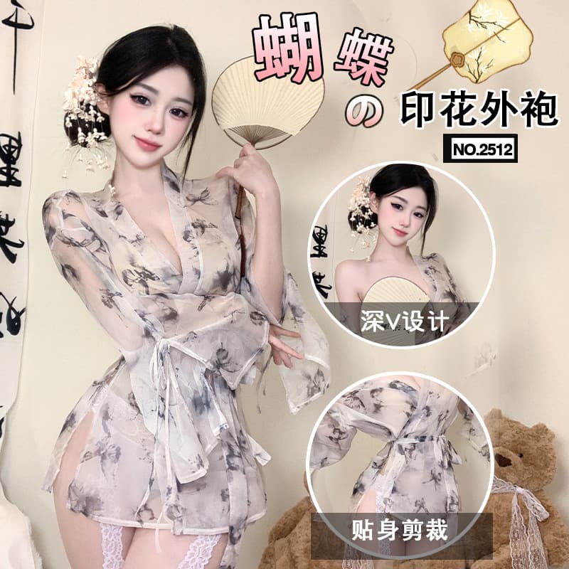 Sexy Lingerie Butterfly Print Sheer Tie Front Deep V Open Front Kimono Robe Sleepwear