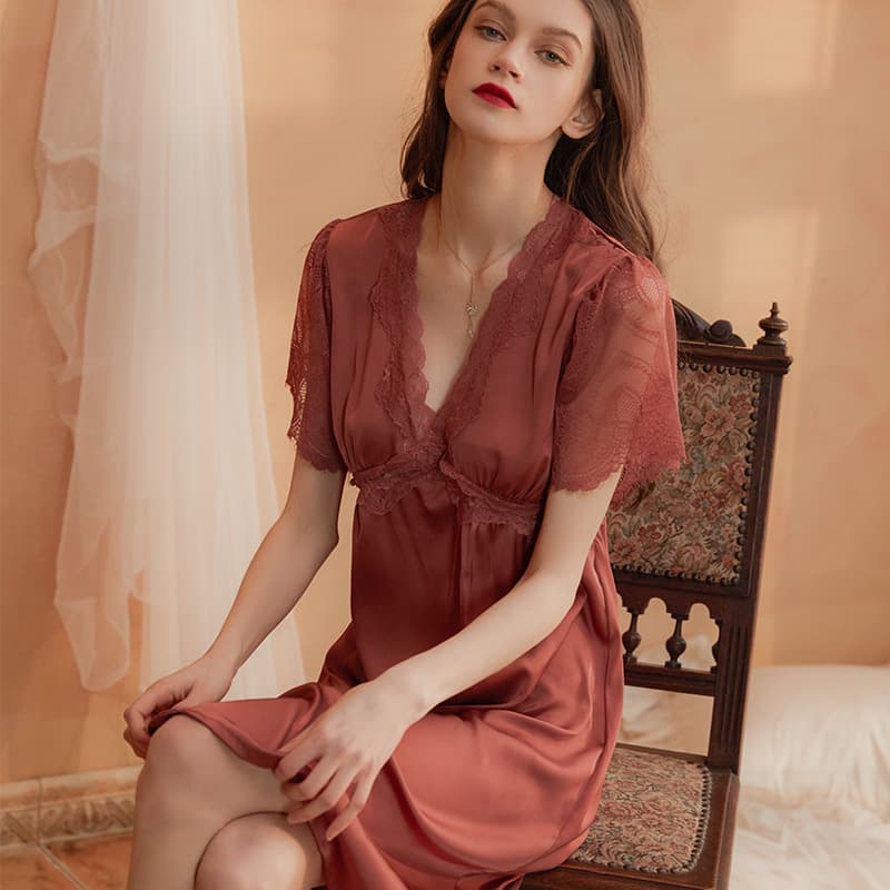 Wedding Nightgown Short Sleeve Lace Trim Hollow Out Sexy Sleep Dress for Bride Spring Summer Morning Robe Customizable Design