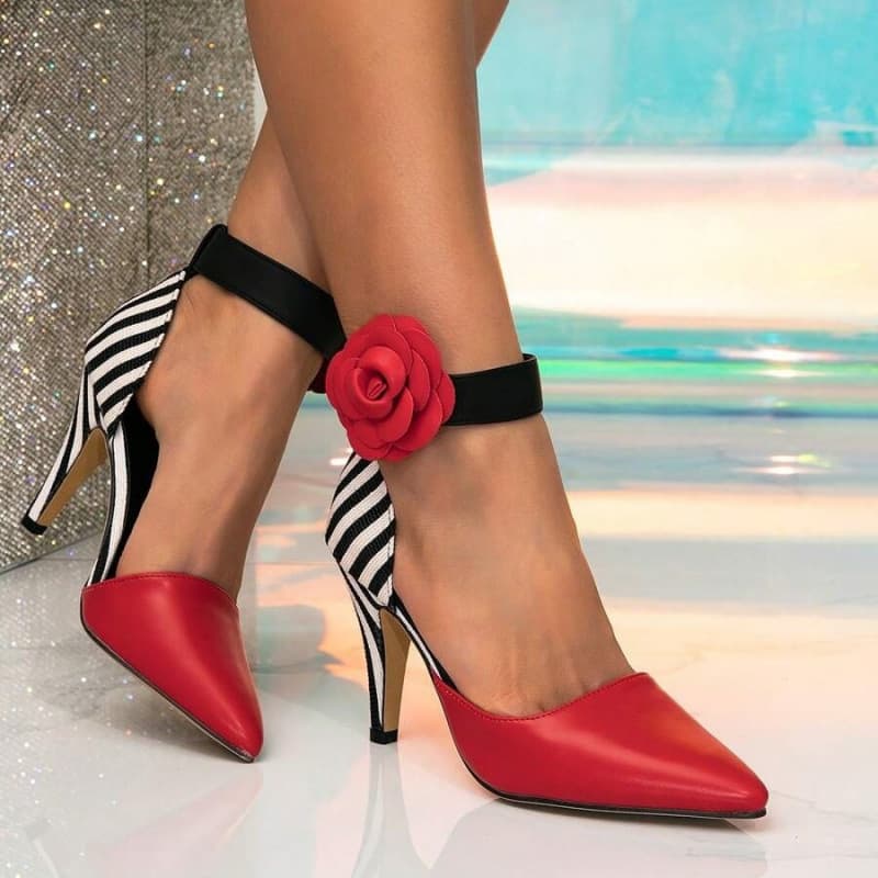 European and American Fashion Color-Blocked Women's High-Heeled Shoes with Red Large Flower Design, Comfortable and Versatile Black Chunky Heels