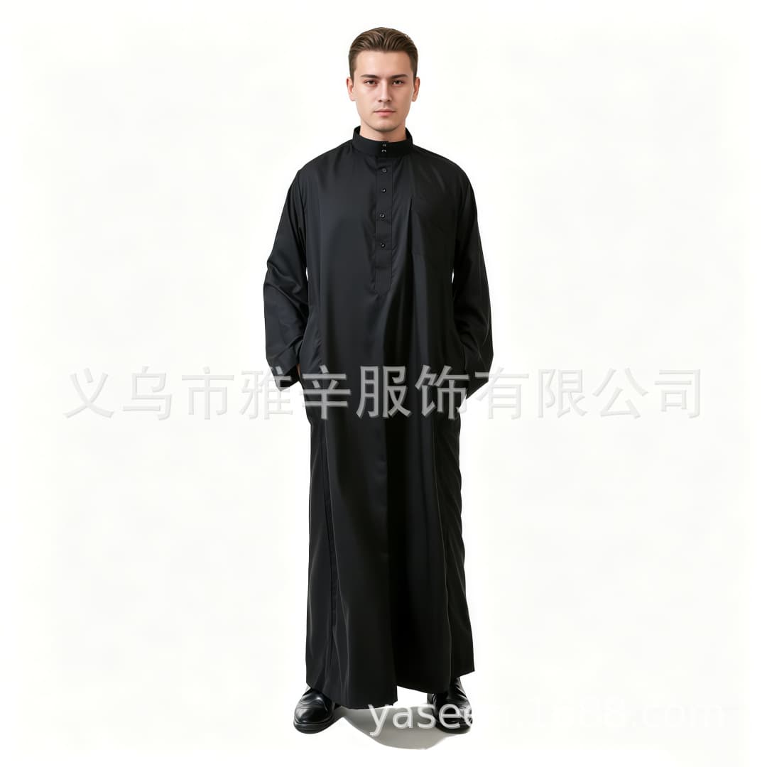 Foreign trade polyester cotton men's stand-up collar long coat solid color stand-up collar half placket loose robe with pockets cross-border shipping