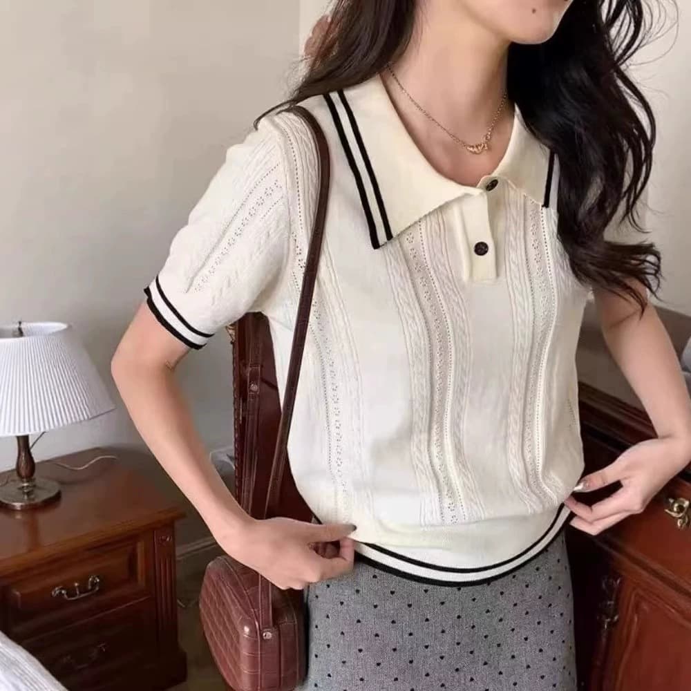 Korean Style Polo Collar Regular Shoulder Knit Short Sleeve T-Shirt Unique Top Women 2026 Summer Fashion Simple Knit Top