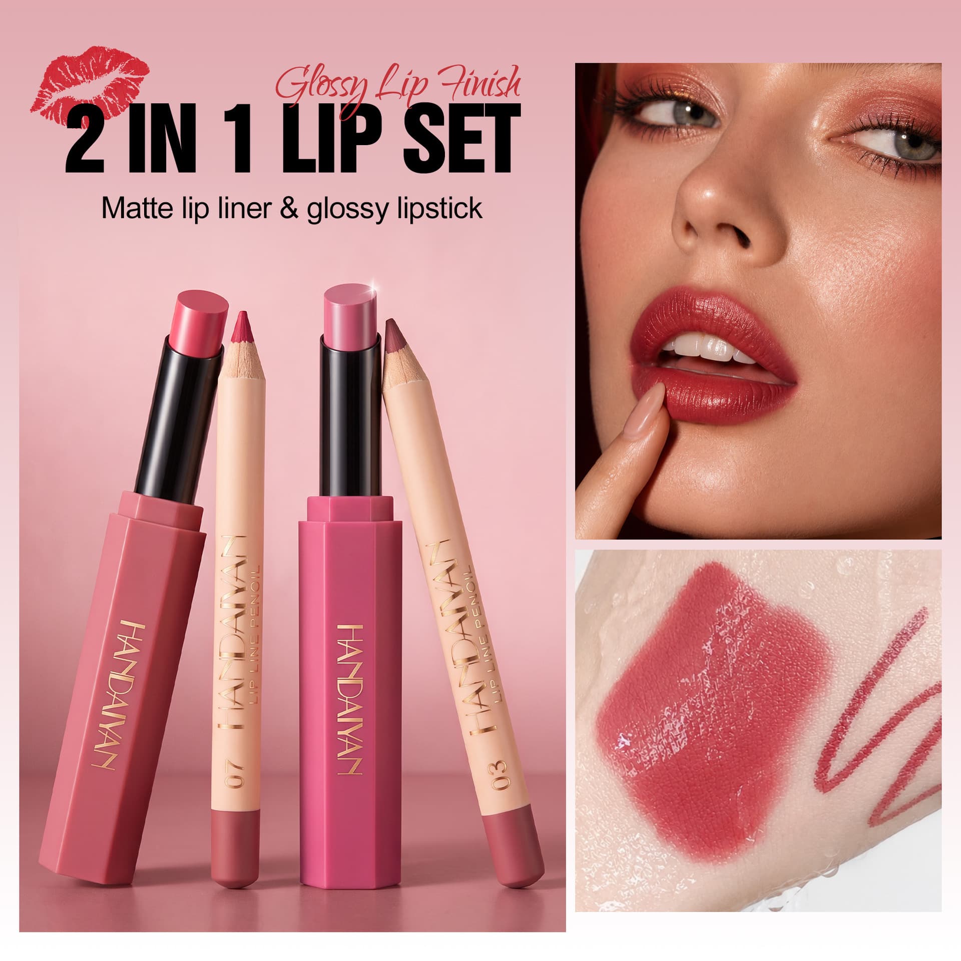 Cross-border lip glaze + lip liner set non-stick cup long-lasting waterproof pearlescent moisturizing lip gloss two-piece lipstick pen set