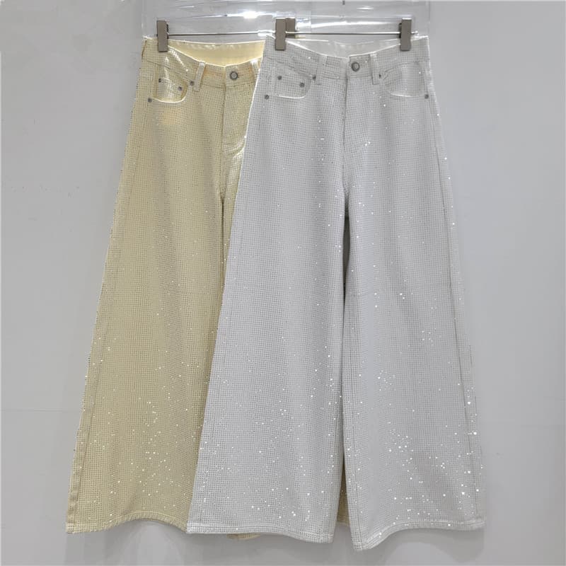 European-style White Heavy Rhinestone Sparkling Jeans for Women 2026 New Spring Niche High-End Straight Wide-Leg Pants