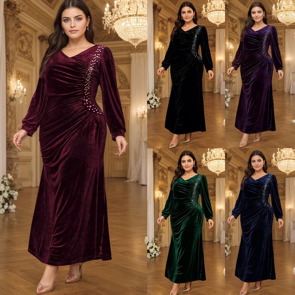 Cross-border large size heavy-duty velvet lantern sleeves V-neck waisted fishtail dress dinner light luxury long dress