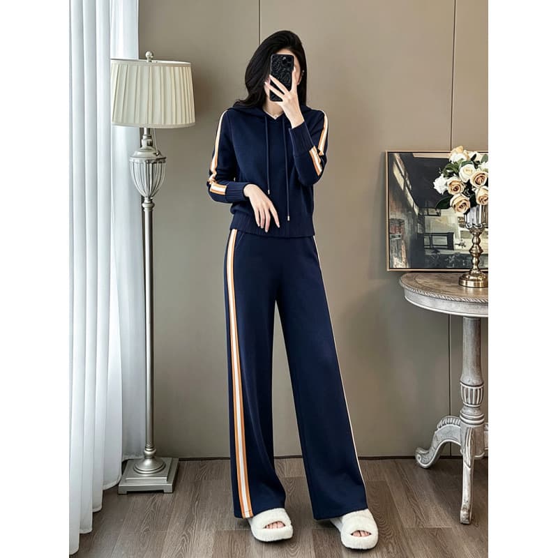 6755 Drawstring Hoodie Striped Long Sleeve Knit Two-Piece Set for Women, Side Contrast Waistband High Waist Flowing Wide Leg Pants Set