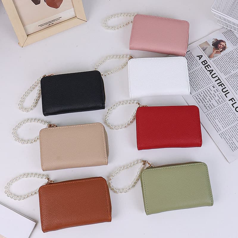 New Women's Short Wallet with Pearl Chain, Multi-Card Slot Coin Purse, Simple and Fashionable Pebble Grain Leather Wallet for Women