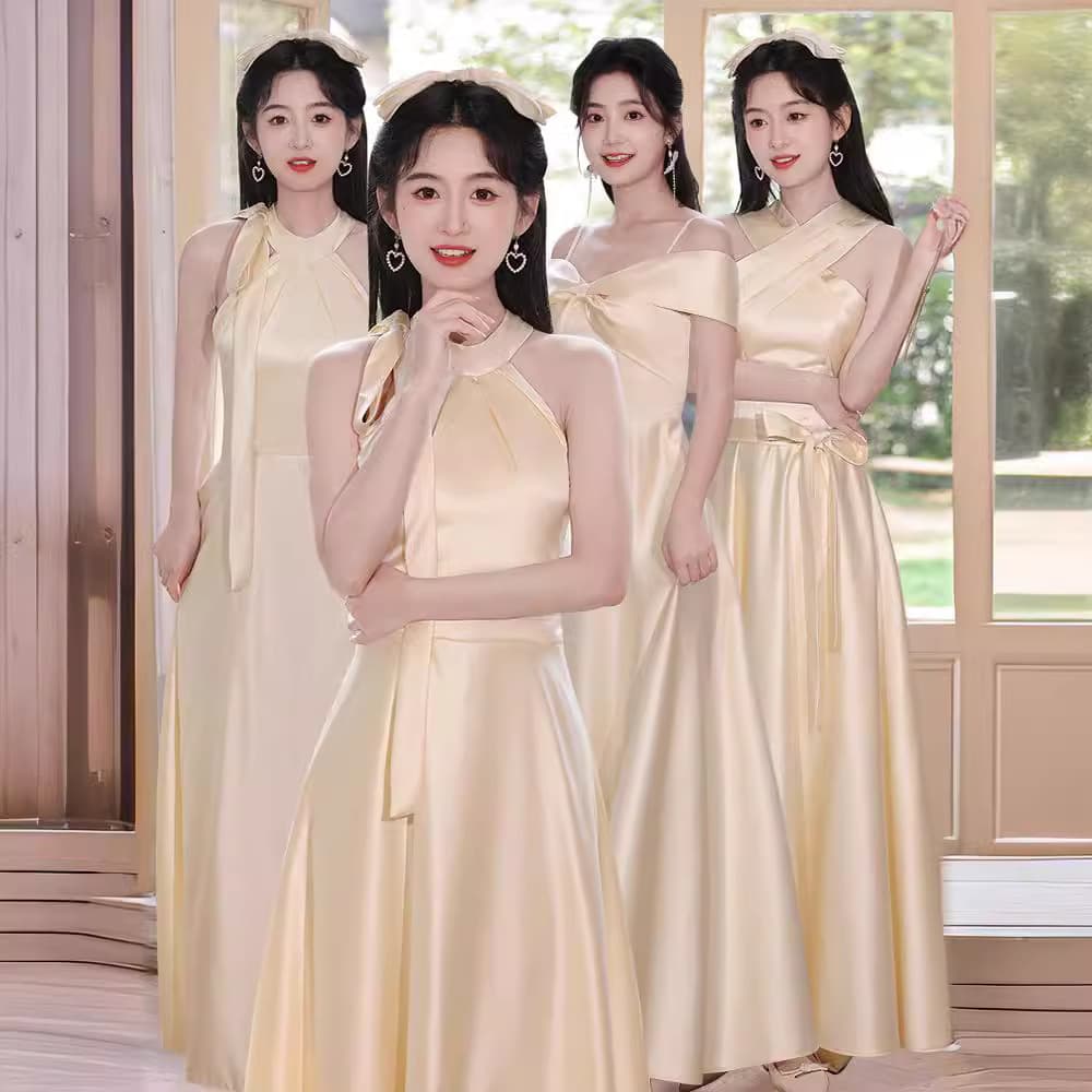 Champagne Satin Bridesmaid Dress 2024 New Simple Long Dress Bridesmaid Group Sister Dress Premium