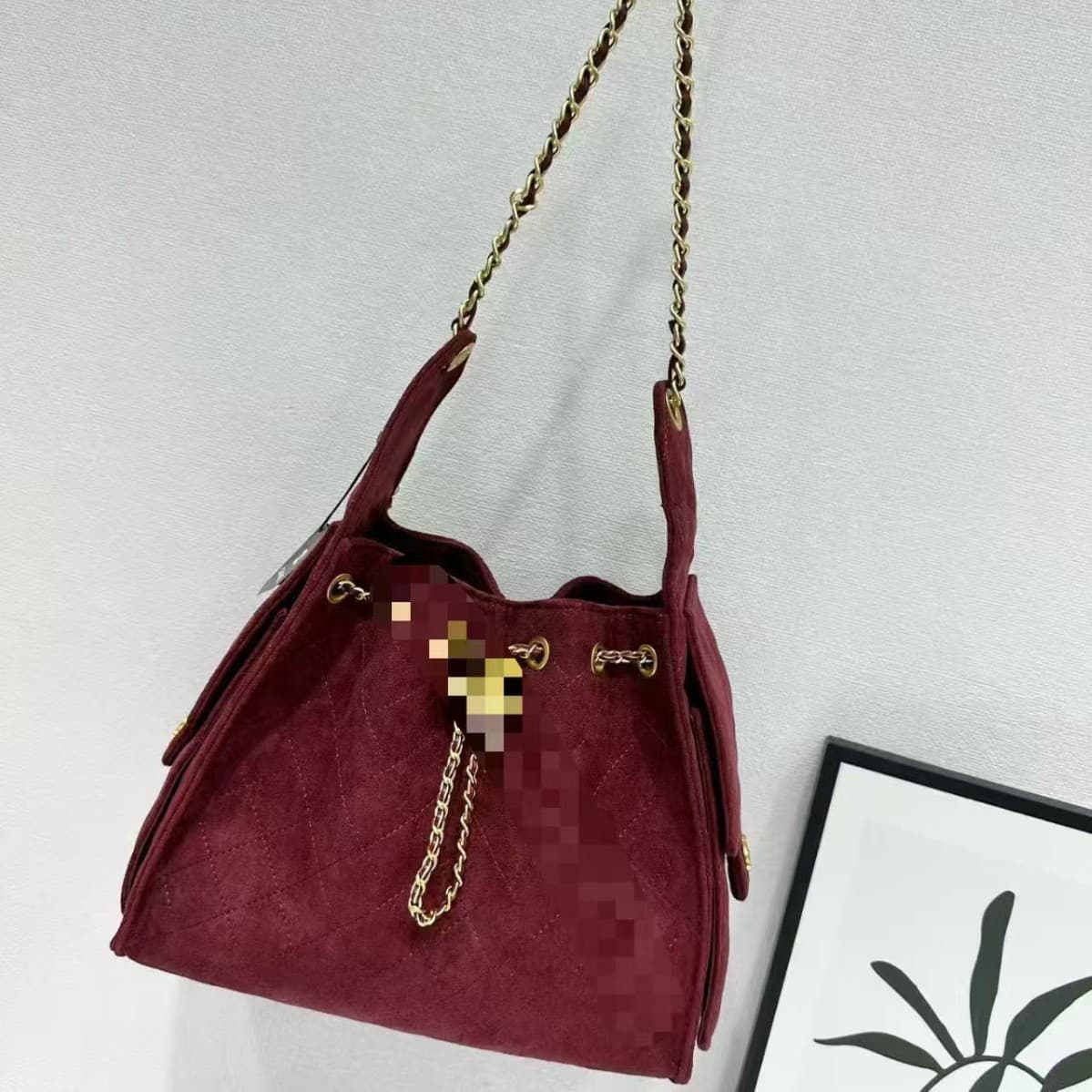 Cross-border 25k Suede Diamond Quilted Women's Hobo Drawstring Chain Bucket Bag Casual Fashion Versatile Underarm Handbag