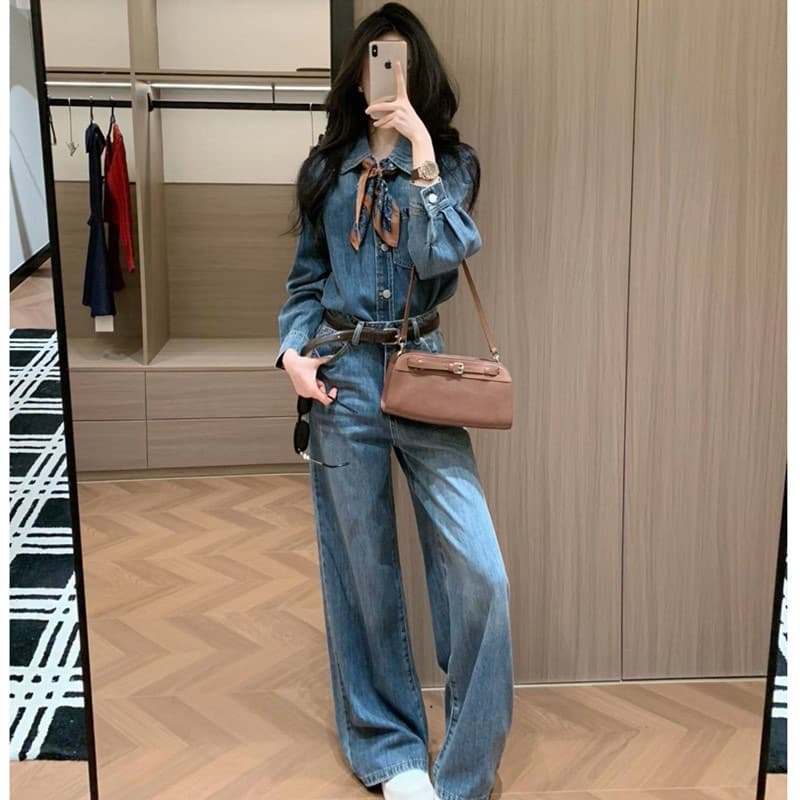 Early Spring Korean Denim Set for Women, Super Trendy Vintage Two-Piece Outfit, Complete Look in Picture Color, Lamb Fleece