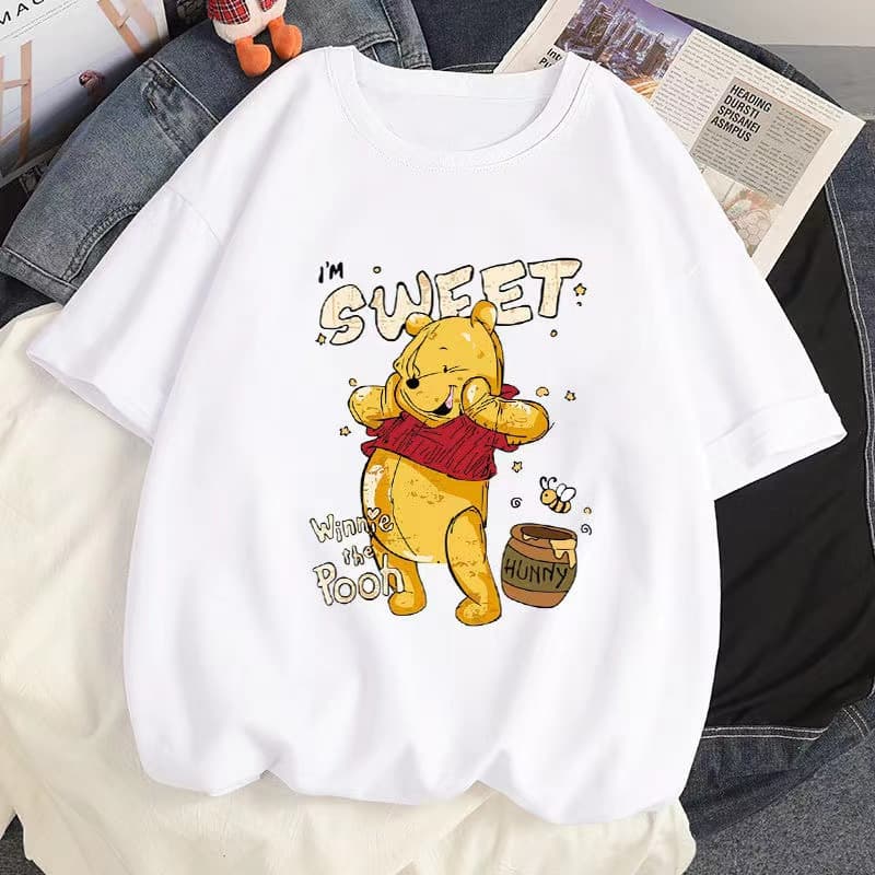 Ice Silk American-Style Winnie the Pooh Bee Print Loose Short-Sleeve Women's Summer Casual Niche Top Ins Trend