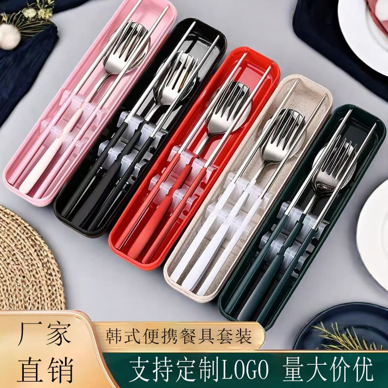 Stainless Steel Korean-style Spoon and Chopsticks Portable Tableware Set, Student Utensils with Spoon, Fork, and Chopsticks Three-piece Gift