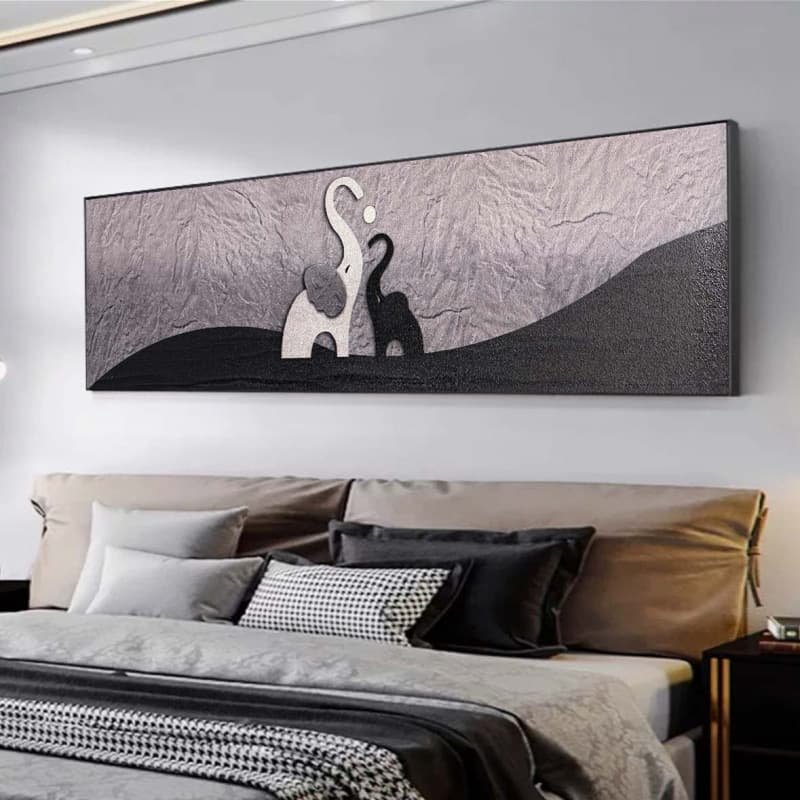 Modern Minimalist Sandstone Print, Black White Gray Bedroom Headboard Wall Art, Sofa Background Wall Hanging Mother and Baby Elephant 40x150