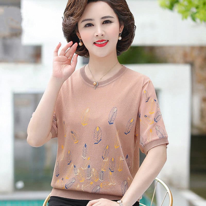 Middle-aged Women Summer Short Sleeve T-shirt Thin Knit Top Loose Casual Ice Silk Blouse
