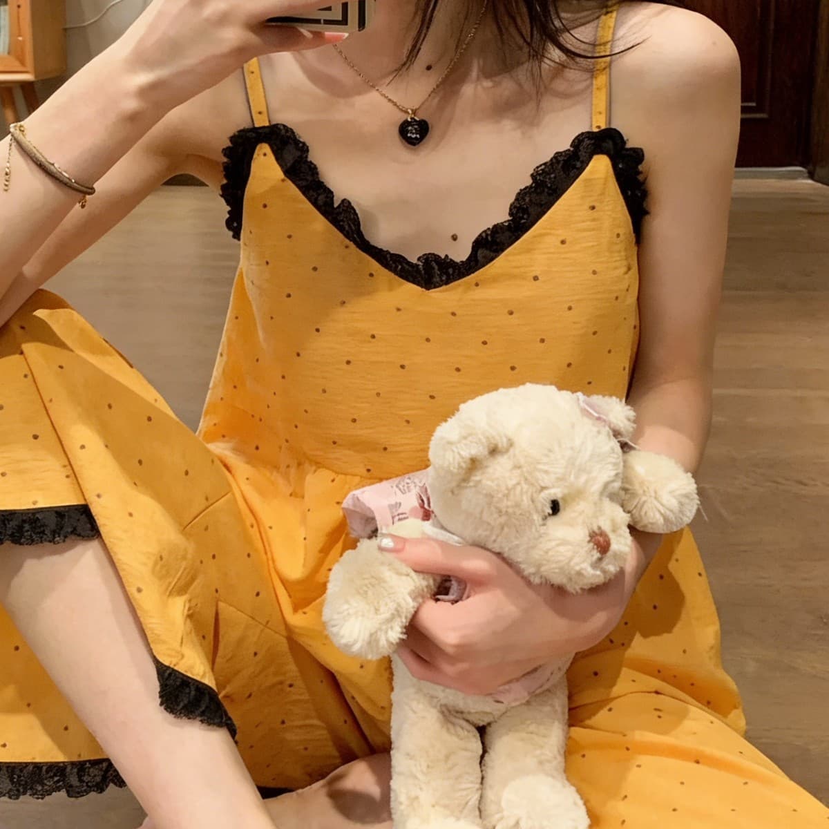 Sweet Style for Girls, Polka Dot Suspender Pants Pajama Set with Breast Pads, Summer Yellow Sleeveless Home Clothes That Can Be Worn Outside