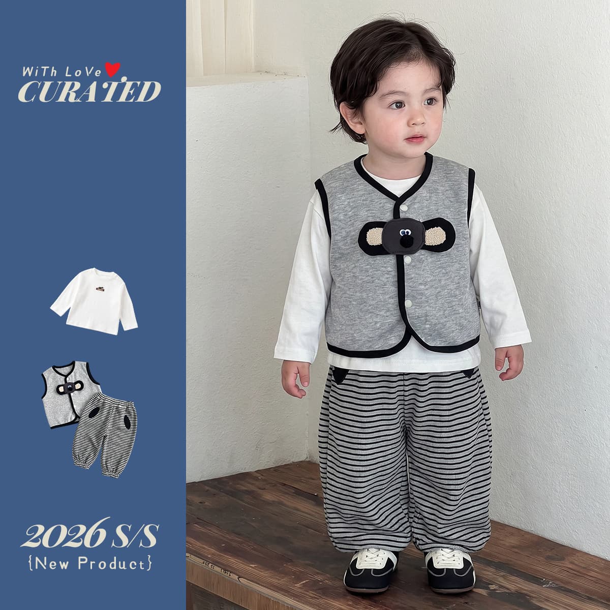 Early autumn Korean ins boys suit baby boy cartoon vest long-sleeved T-shirt striped pants three-piece set autumn children's clothing