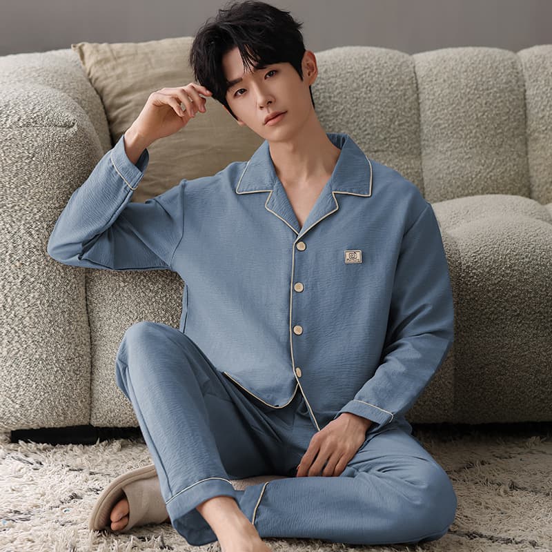 Cloud Cotton Pajama Set for Men Spring Autumn Long Sleeve Long Pants Thin Simple Casual Wear-Out Homewear Suit