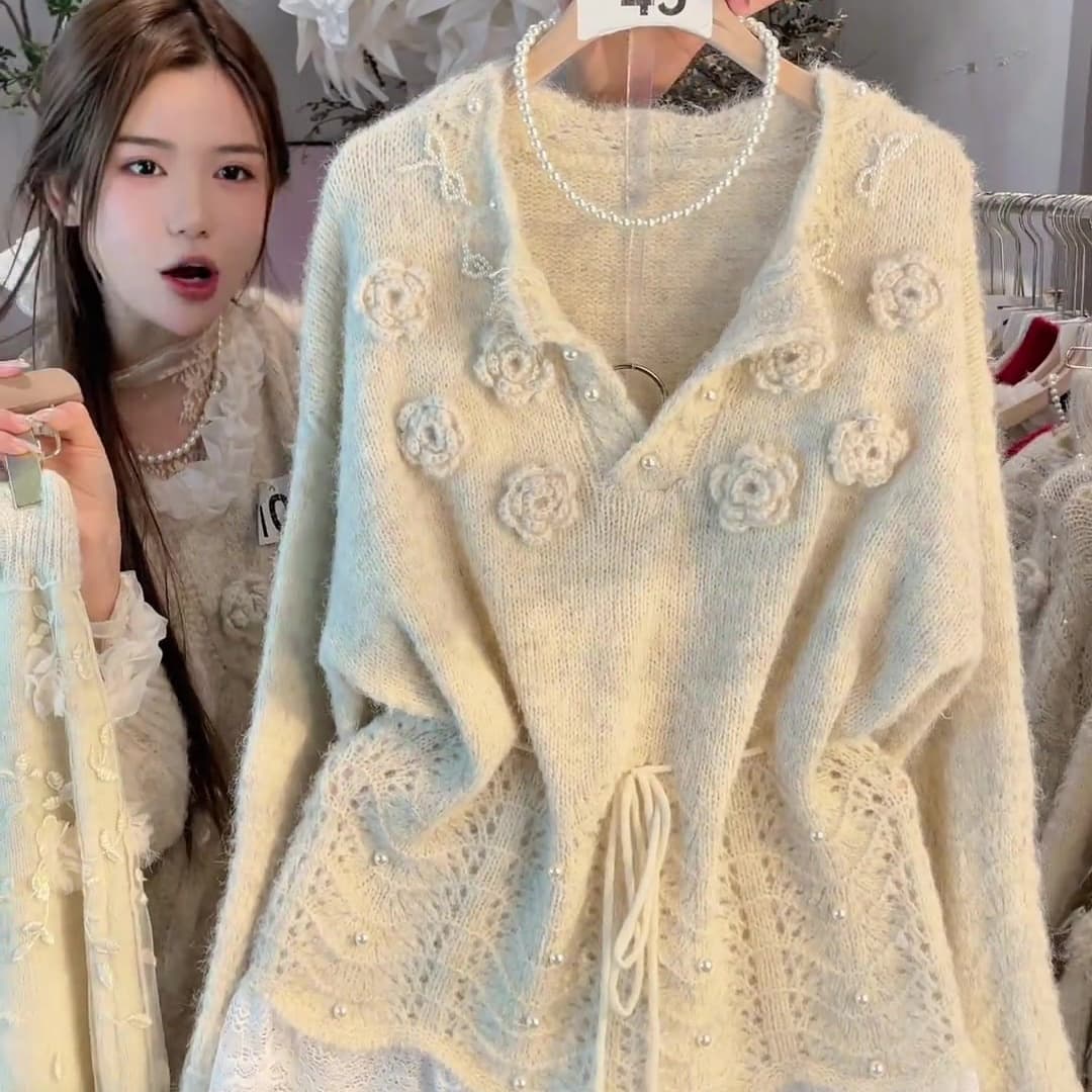 European Heavyweight Lazy Style Plus Size 3D Floral Beaded Knit Sweater for Women 2026 Spring New Drawstring Pullover