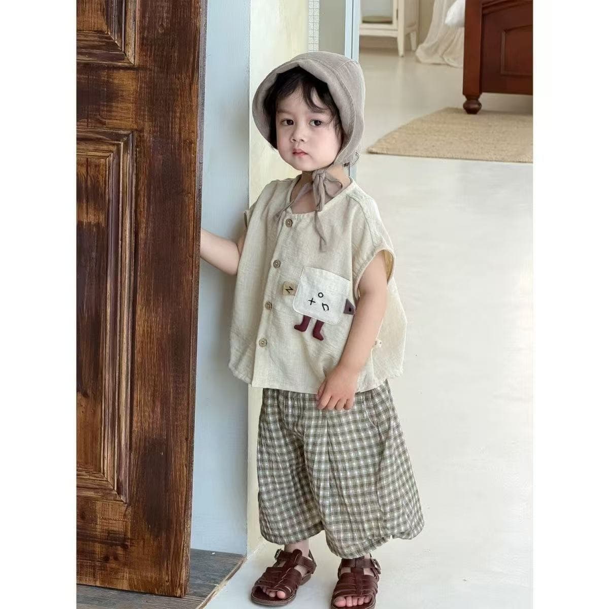 Boys and girls baby thin shorts two-piece sleeveless vest cotton and linen new set boys plaid anti-mosquito pants