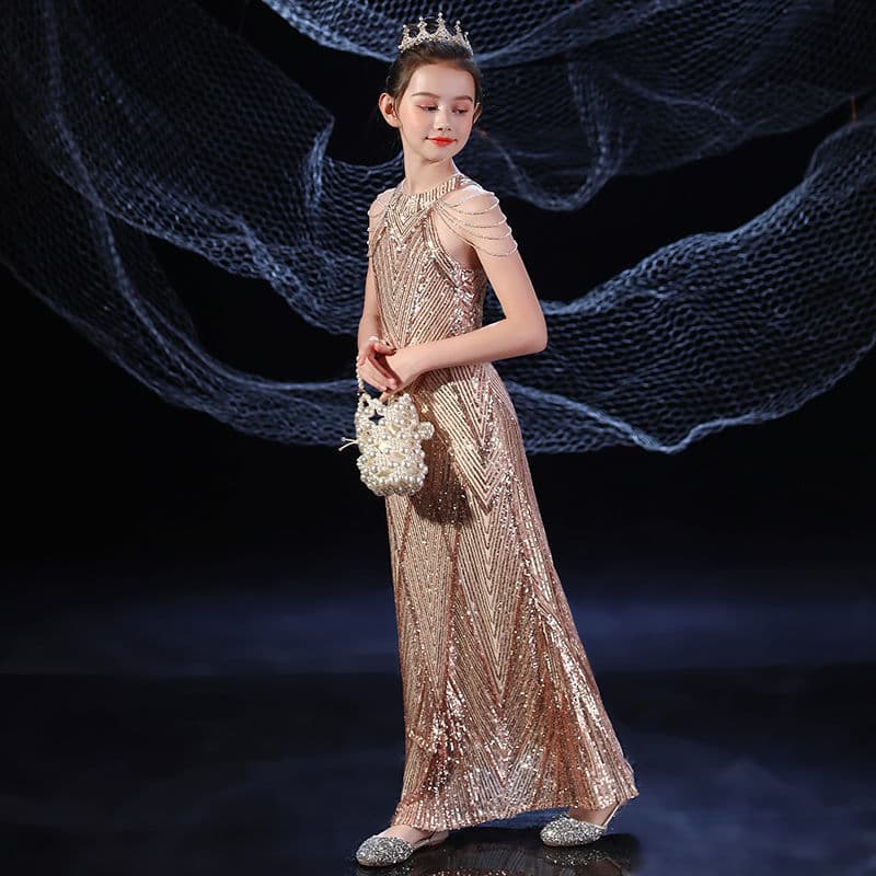 Children's Sequin Evening Gown 2026 New Summer Light Luxury Mermaid Dress for Girls Model Catwalk Piano Performance Costume