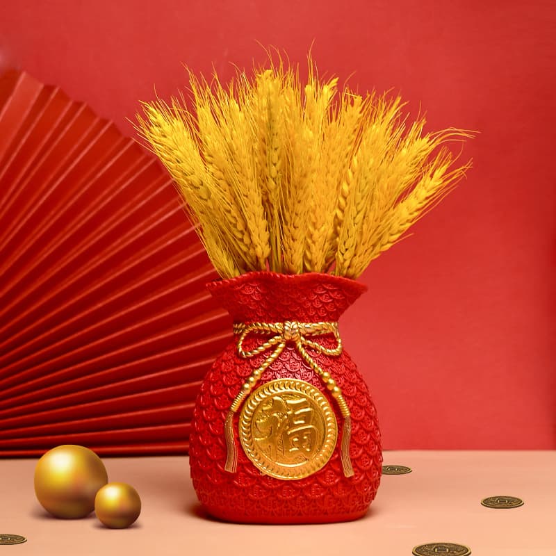 Golden Wheat Ear Fortune Bag Decorative Ornament Dried Flower Vase Home Living Room Entryway Display Housewarming Gift