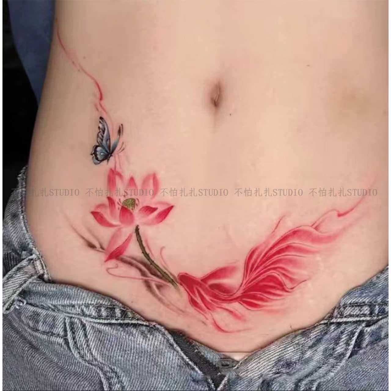 Popular side side flower colorful lotus koi tattoo waterproof female long-lasting high-quality belly and abdomen scar cover