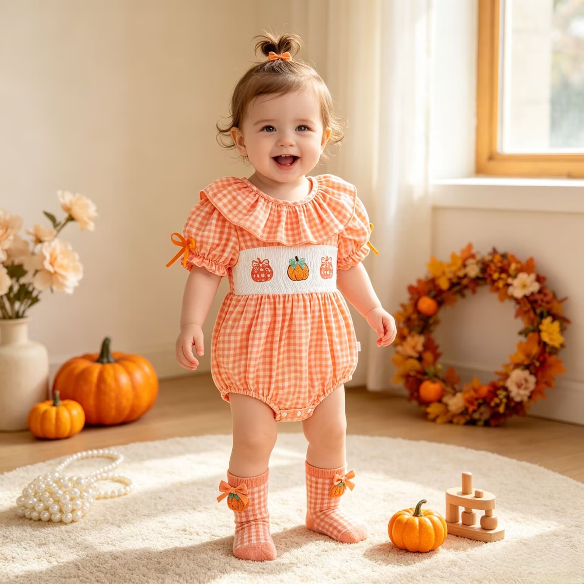 Cross-border baby pumpkin embroidered bag fart jacket with orange plaid puff sleeves for baby girl who is one month old and goes out one-piece harem