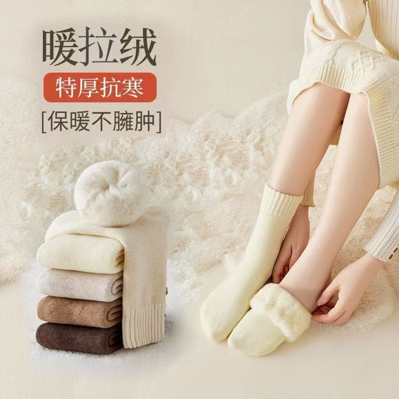 Women's Mid-Calf Socks Winter Thick Fleece Thermal Sleep Socks Japanese Solid Color Terry Socks Floor Socks