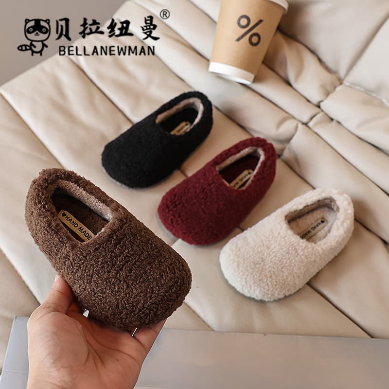 Girls' Loafers Winter Fleece-Lined Sheepskin Cotton Shoes Korean Style Flat New Slip-On Solid Color Fuzzy Shoes