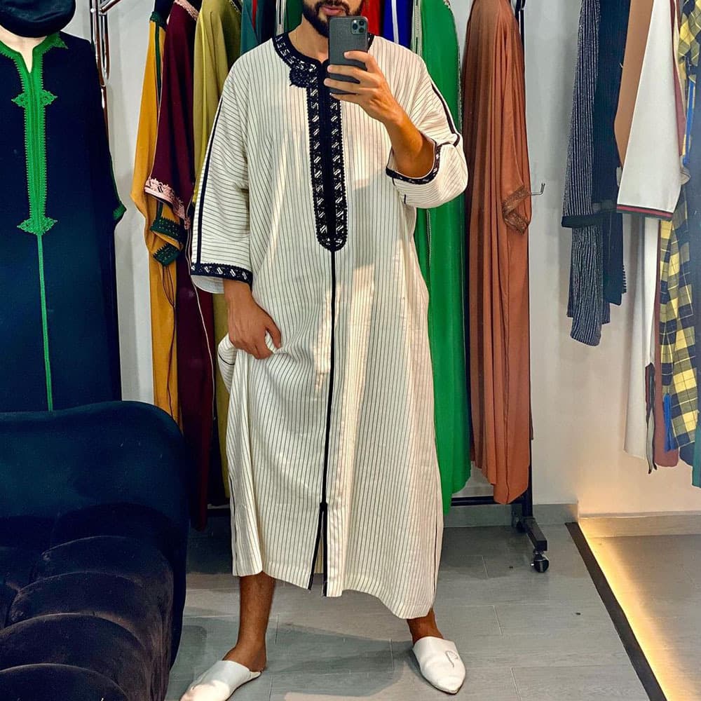 Cross-Border Trade New Cross-Style Men's Robe Striped Embroidery Long Robe Men's Clothing Stock