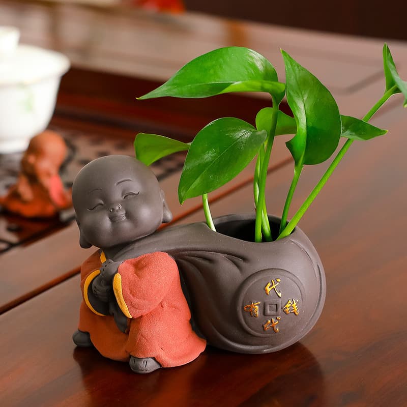 Ruijie Adorable Purple Clay Little Monk Flower Vase Tea Pet Ornament, Hydroponic Flower Holder for Tea Table, Office Desk