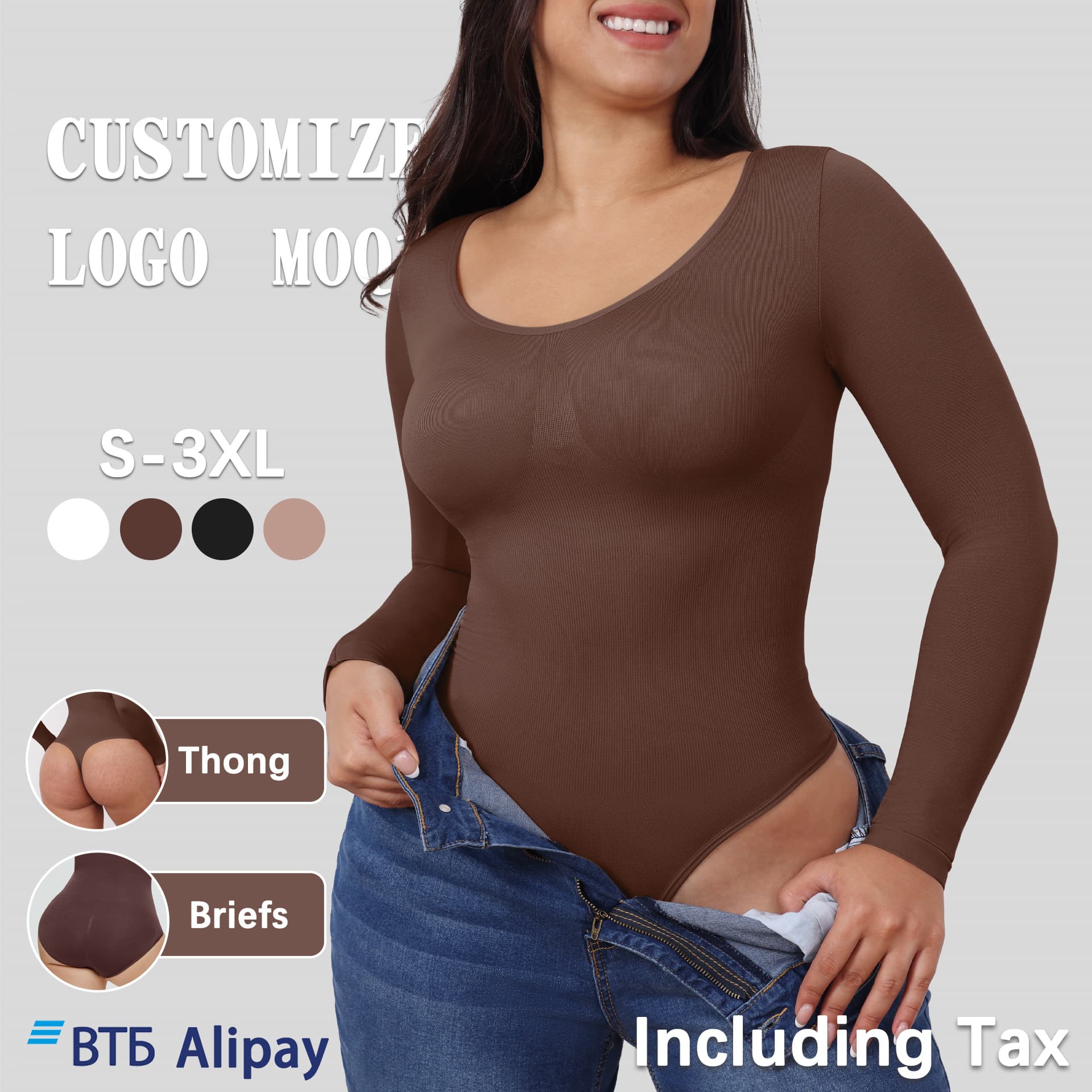 Women's Long Sleeve Body Shaper Onesie Seamless Shaping Underwear Gathered Hip Enhancing Tummy Control Slimming Suit