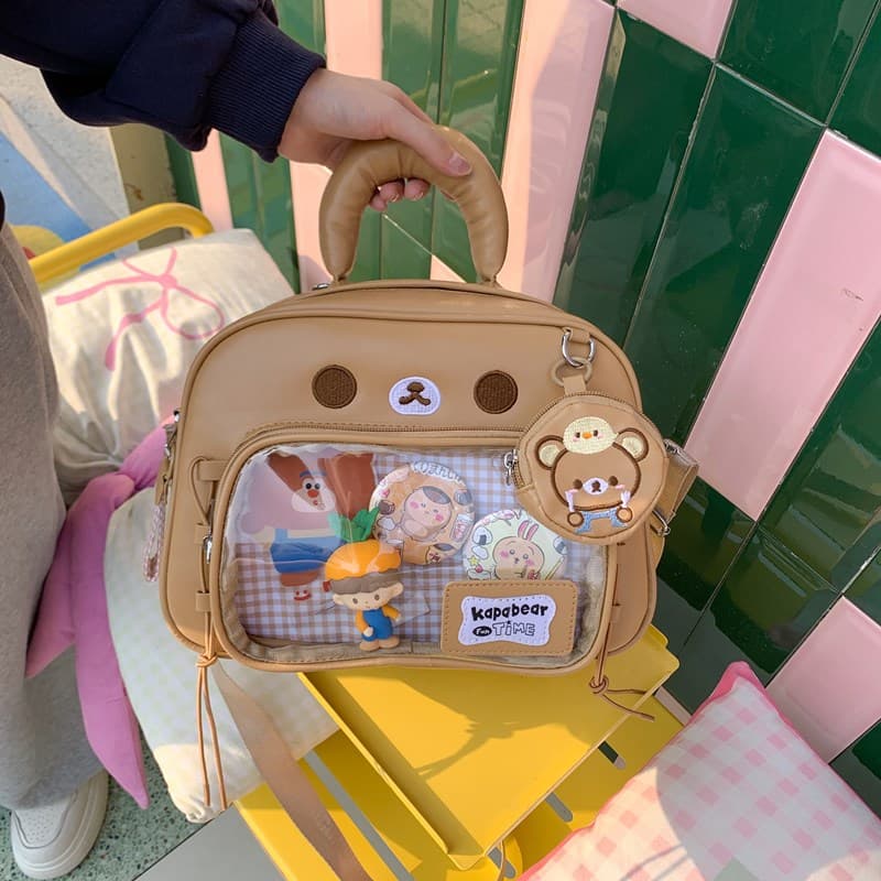 Stylish Brown Bear PVC Backpack, Trendy Niche Design Bag for Women, Cartoon Transparent Large Capacity Ita Bag
