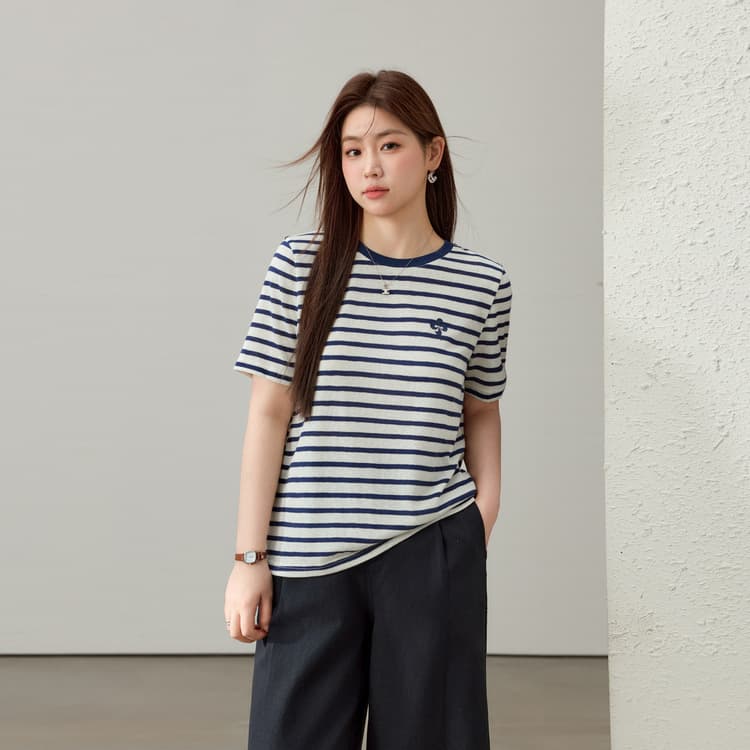 Starry Night Sea Breeze Summer Love Stripe Round Neck Versatile T-Shirt Xianlixiu Plus Size Women's Clothing Fat mm Summer New Arrival