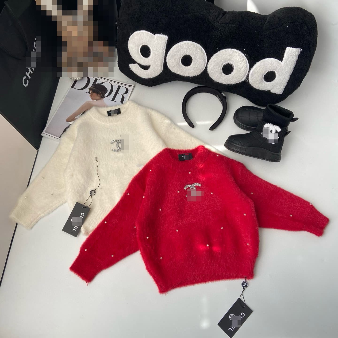 2026 Spring New Chanel-Style Two-Piece Set Solid Knit Sweater + Leather Pants 2-Piece Set Mink Velvet Crew Neck Sweater Set