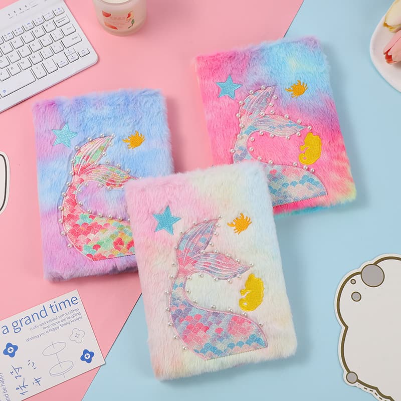 Plush Notebook Colorful Mermaid Tail Cute Girl Diary Cartoon Pearl Sequins Horizontal Notepad