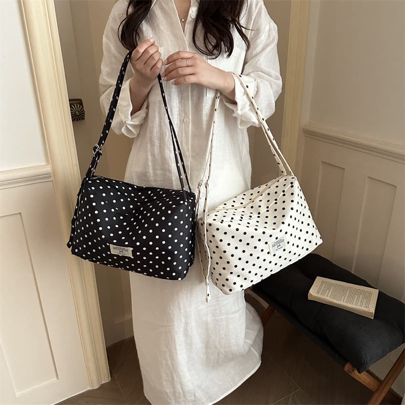 New Korean-style Polka Dot Canvas Bag Crossbody Bag Large Capacity Shoulder Bag Versatile Dumpling Bag Tote Bag