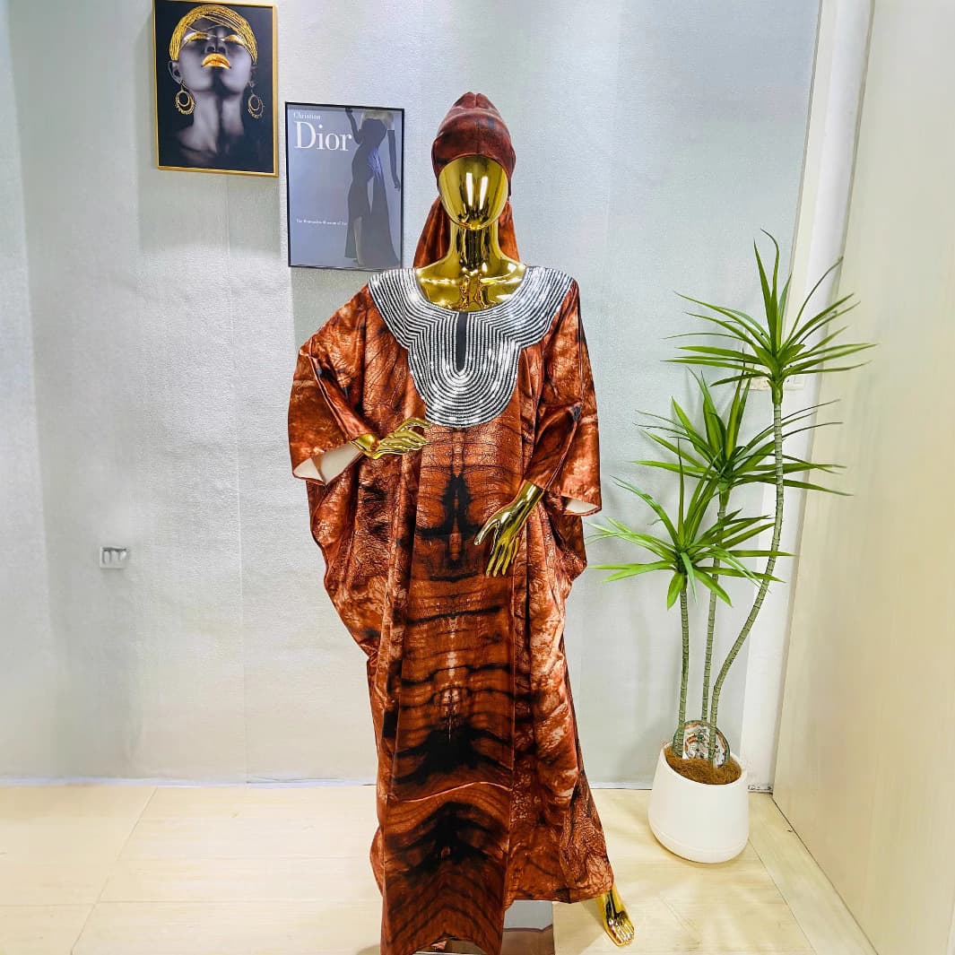 Hot Style Enhanced Color TikTok 2023 African Sequin Print Loose Robe with Headscarf Long Robe Dress Ethnic Style