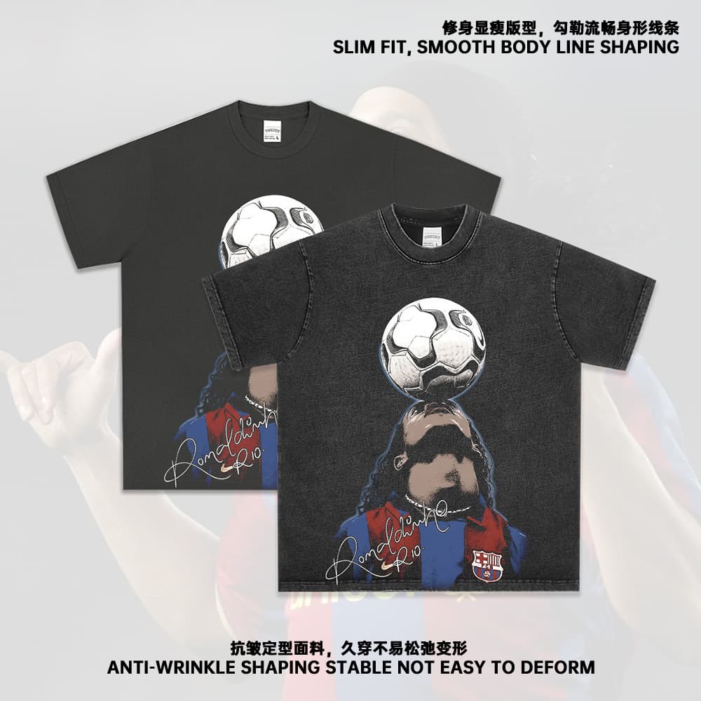 Cross-border Bestseller Barcelona Legend Ronaldinho Print T-Shirt Vintage Fan Heavyweight Short Sleeve Source