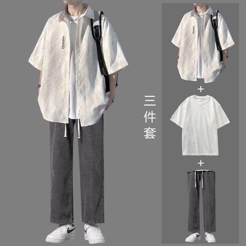 American Casual Short Sleeve Shirt Men's Summer Set Trendy Teen Shirt with Jeans Outfit
