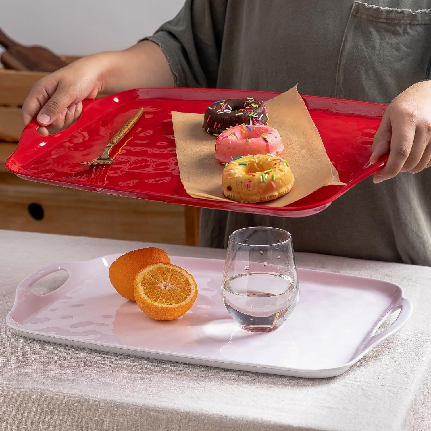 Melamine Rectangular Tray with Handle for Serving Dishes, Afternoon Tea, Bakery, Cake, Pastry, Hamburger, and Fast Food