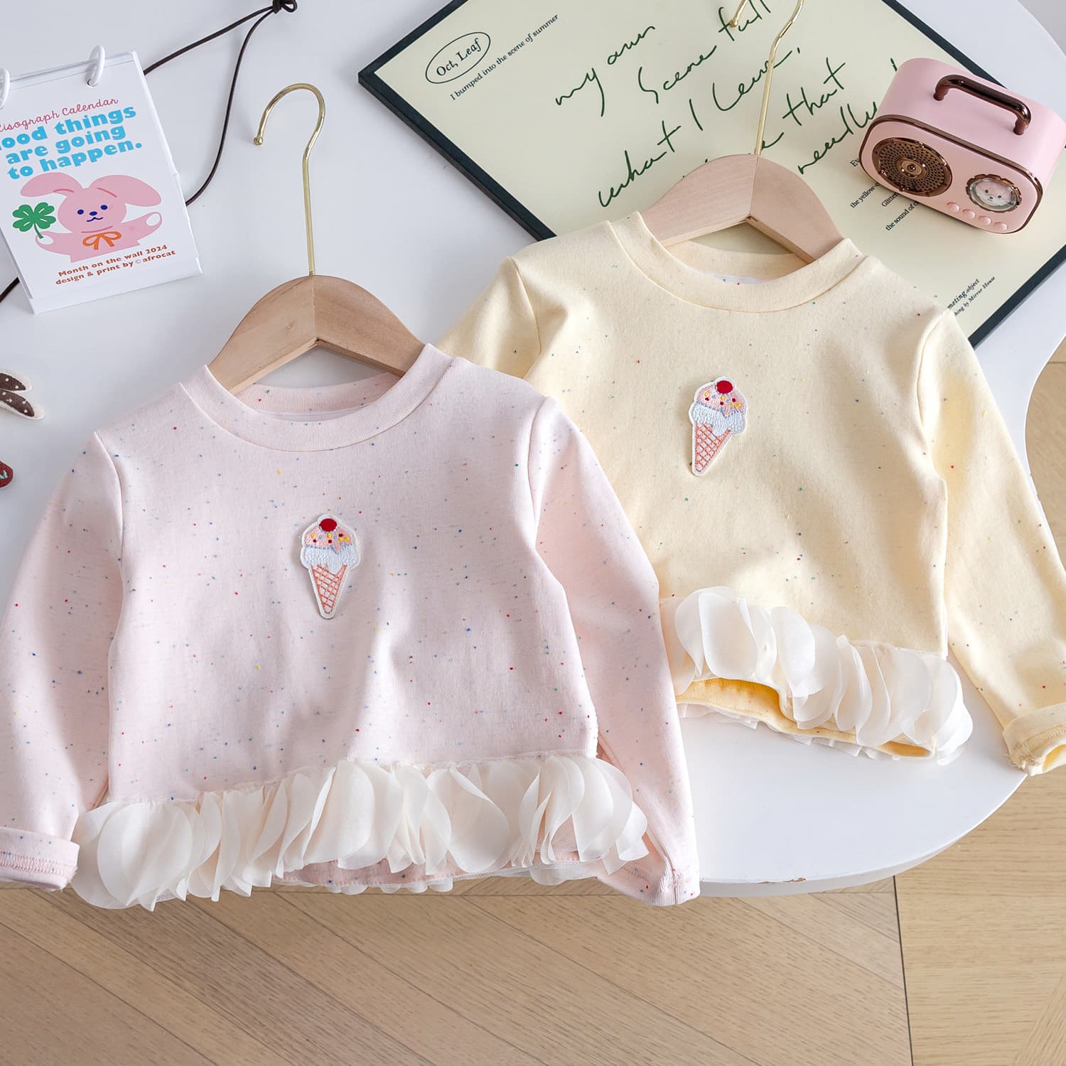 [Ships in 48h] Girls' Autumn New T-Shirt Cute Baby Ice Cream Applique Mesh Sweet Top